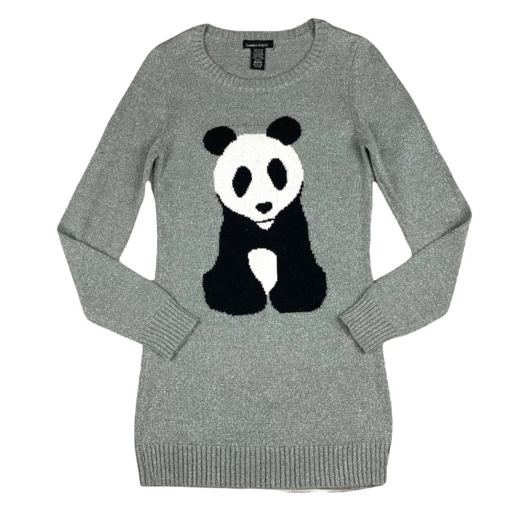 Sweater Project Panda Bear Sweater Crew Neck Silver Metallic Lurex Grey Black S
